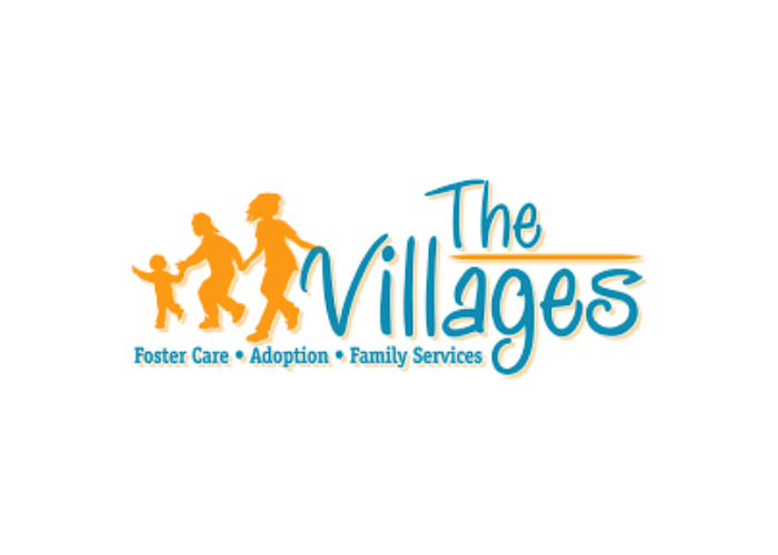 An image of The Villages' logo. It says "The Villages: Foster Care, Adoption, Family Reunification," in blue letters, and beside the text there is an orange silhouette of three children holding hands.