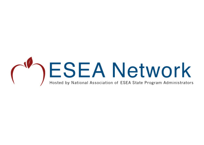 The ESEA Network logo is a sans-serif navy blue font. Beside the wording, which says "Hosted by the National Association of ESEA State Program Administrators," there is a minimalist symbol of a red apple.