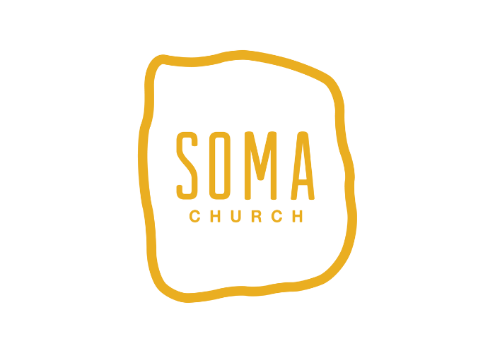 An image of Soma Church's logo, which is a a round, yellow, hand-drawn shape with the words "Soma Church" in the center.