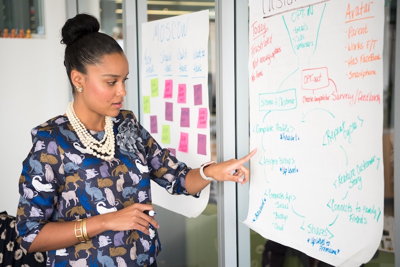 A woman with a bun leads a nonprofit meeting at a board.