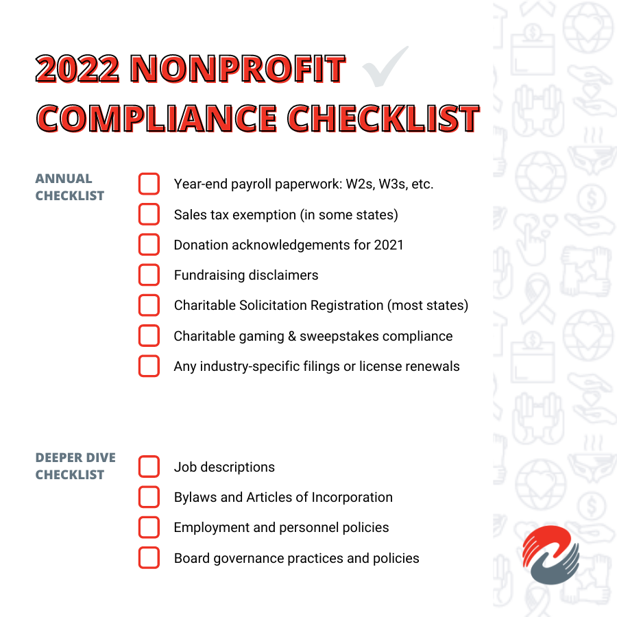 Nonprofit Compliance Checklist in red, black and white created by the legal team at Charitable Allies