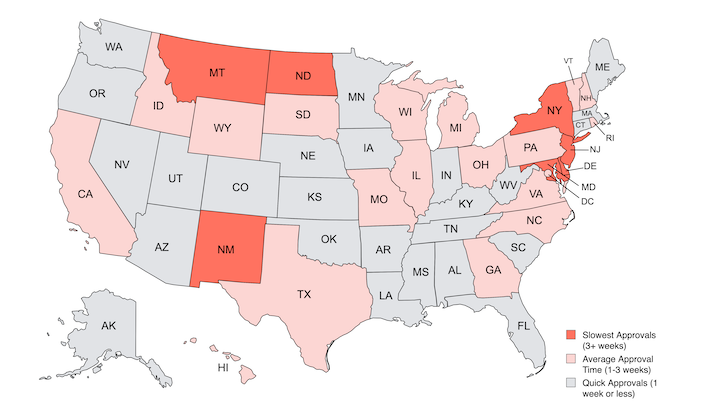 A map of the United States showing the processing times for Articles of Incorporation for a nonprofit.