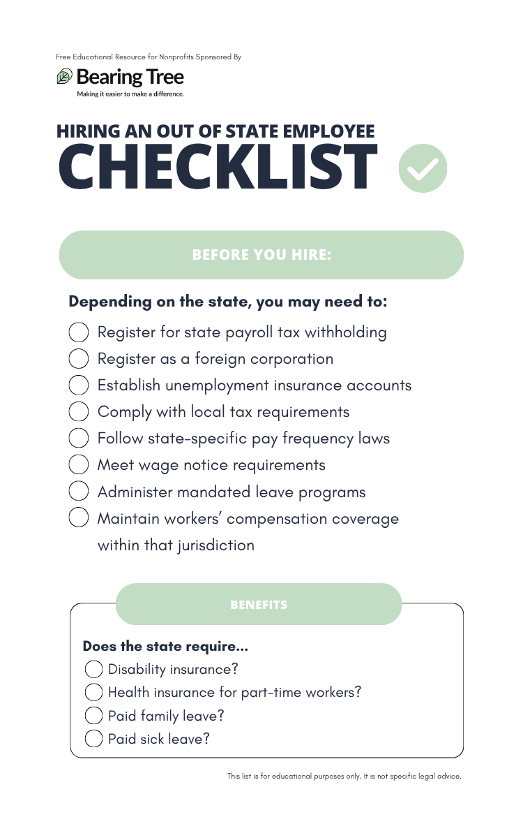 A payroll for nonprofits checklist for organizations hiring an out of state employee